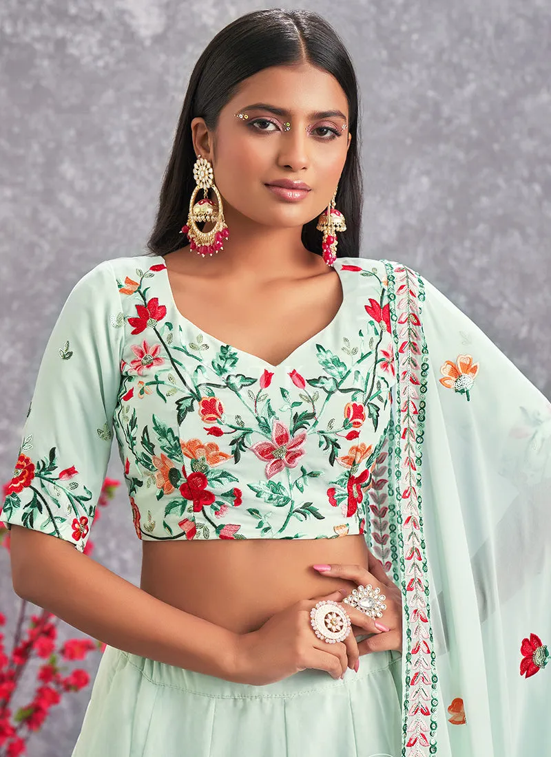 Teal Floral And Sequence Embroidery Wedding Lehenga Choli