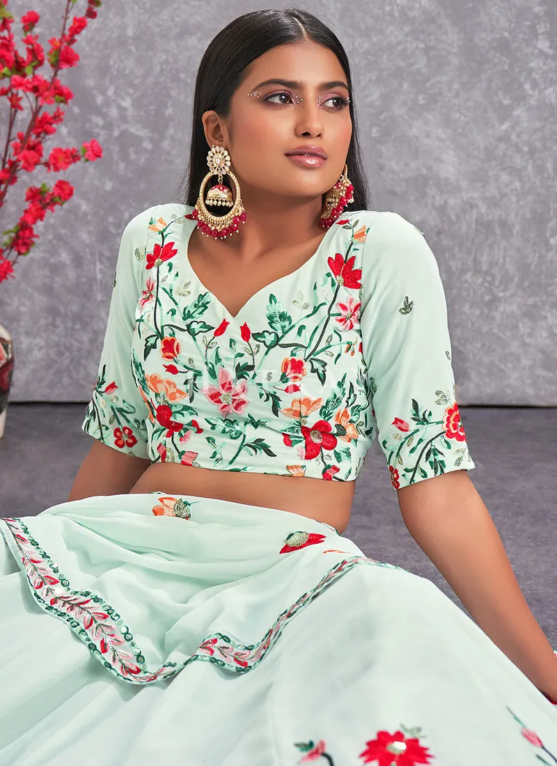 Teal Floral And Sequence Embroidery Wedding Lehenga Choli