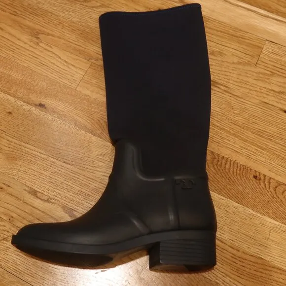 Tory Burch April Tall Rain boot rubber neoprene 9 navy logo pull heel waterproof