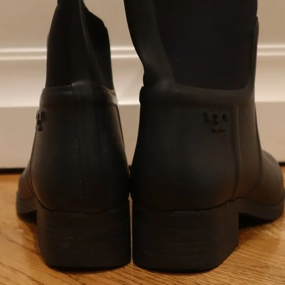 Tory Burch April Tall Rain boot rubber neoprene 9 navy logo pull heel waterproof