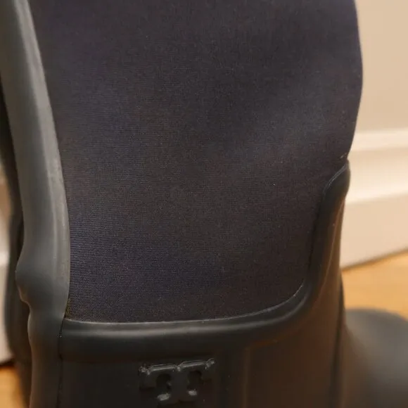 Tory Burch April Tall Rain boot rubber neoprene 9 navy logo pull heel waterproof