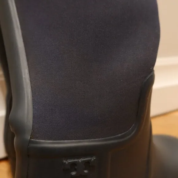 Tory Burch April Tall Rain boot rubber neoprene 9 navy logo pull heel waterproof