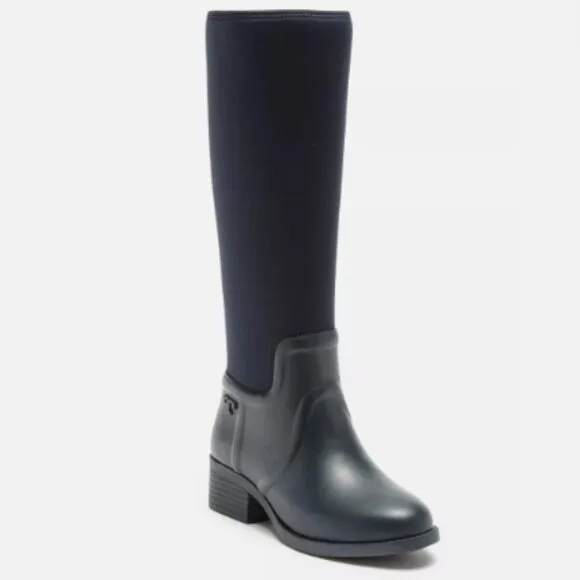 Tory Burch April Tall Rain boot rubber neoprene 9 navy logo pull heel waterproof