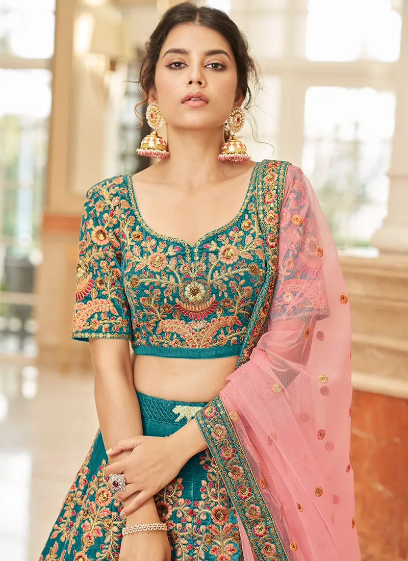 Turquoise Embroidery Wedding Lehenga Choli