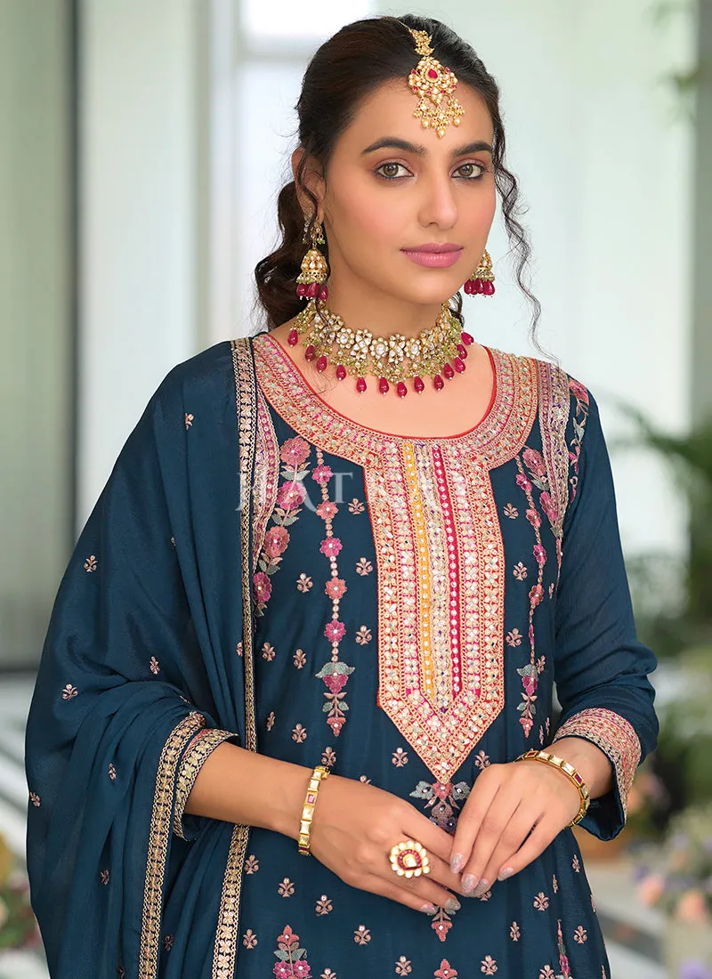 Turquoise Multi Embroidery Palazzo Suit