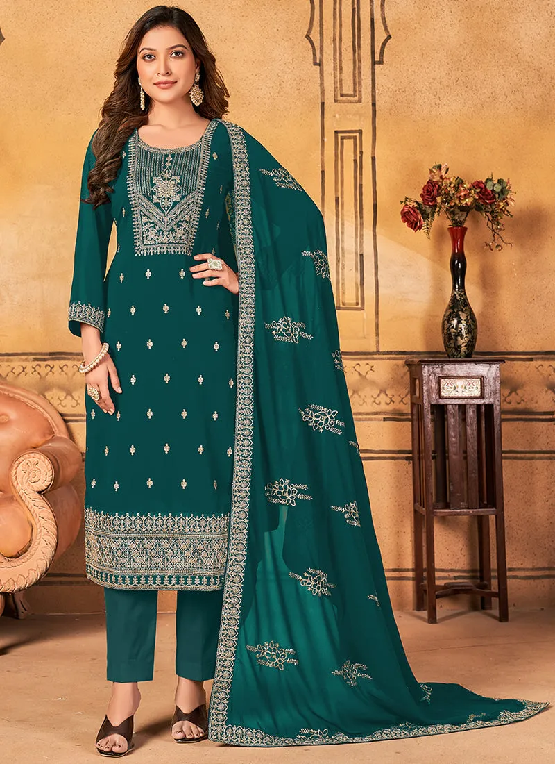 Turquoise Sequence Embroidery Pakistani Pant Suit