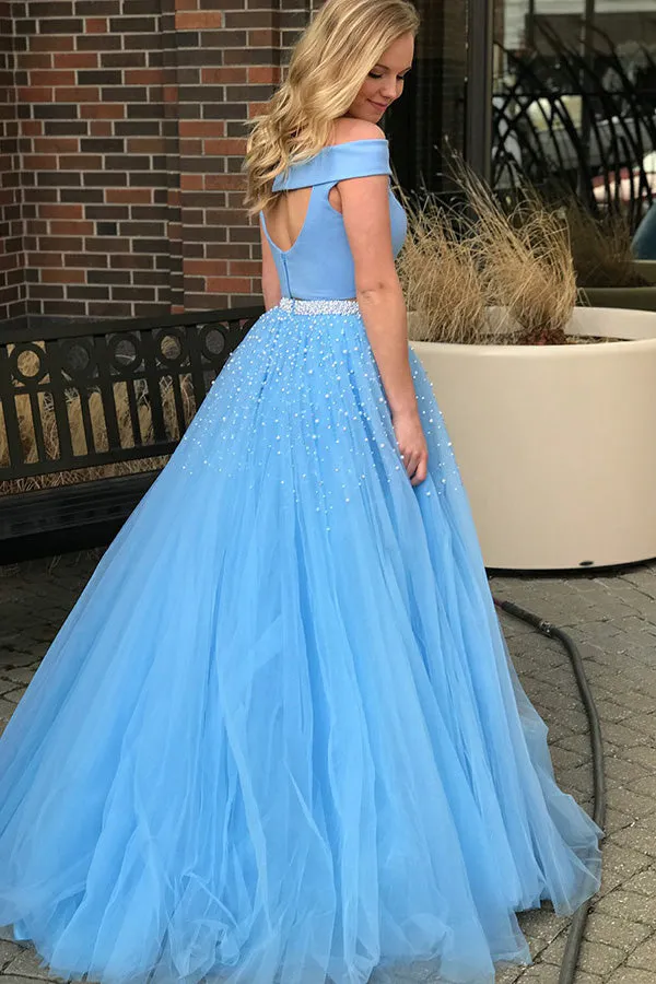 Two Piece Off-the-Shoulder Sweep Train Open Back Blue Tulle Prom Dress with Beading L002