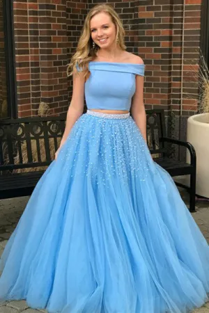 Two Piece Off-the-Shoulder Sweep Train Open Back Blue Tulle Prom Dress with Beading L002