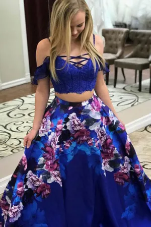 Two Piece Spaghetti Straps Sweep Train Royal Blue Printed Satin Prom Dress with Lace C007