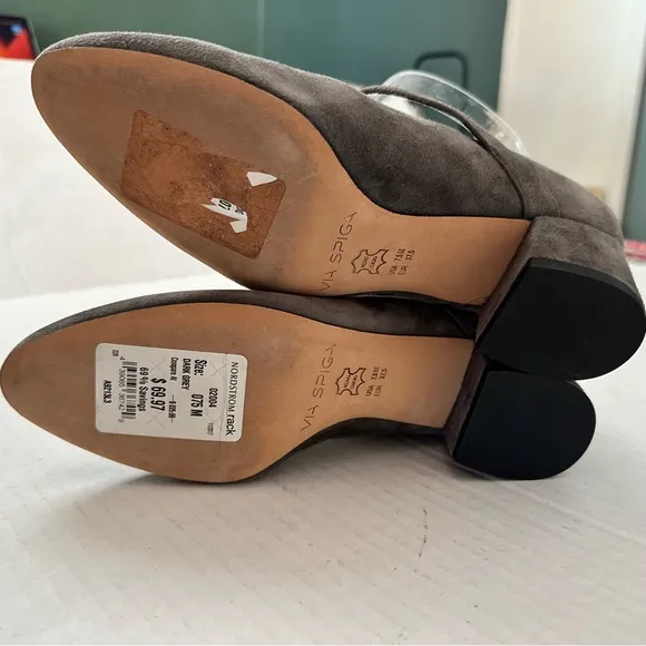 Via Spiga Pumps Mary Jane Low Block Heel Suede Dark Grey Size 7.5 NEW
