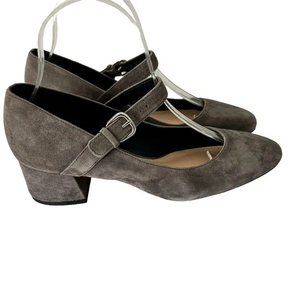 Via Spiga Pumps Mary Jane Low Block Heel Suede Dark Grey Size 7.5 NEW