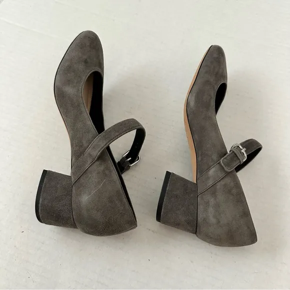 Via Spiga Pumps Mary Jane Low Block Heel Suede Dark Grey Size 7.5 NEW