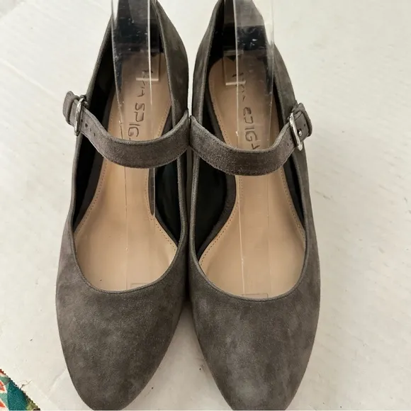 Via Spiga Pumps Mary Jane Low Block Heel Suede Dark Grey Size 7.5 NEW