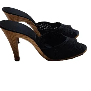 Vintage Joval No Providence Tom Black Backless Fabric/Tan Wood Heels Size 7