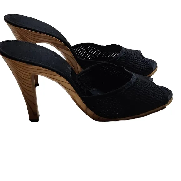 Vintage Joval No Providence Tom Black Backless Fabric/Tan Wood Heels Size 7