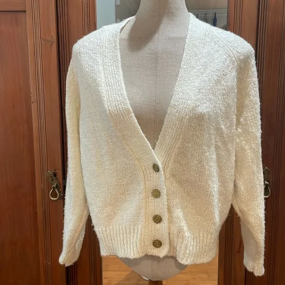Vintage OHI sweater chunky knit button-down cardigan V-neck white womens size M