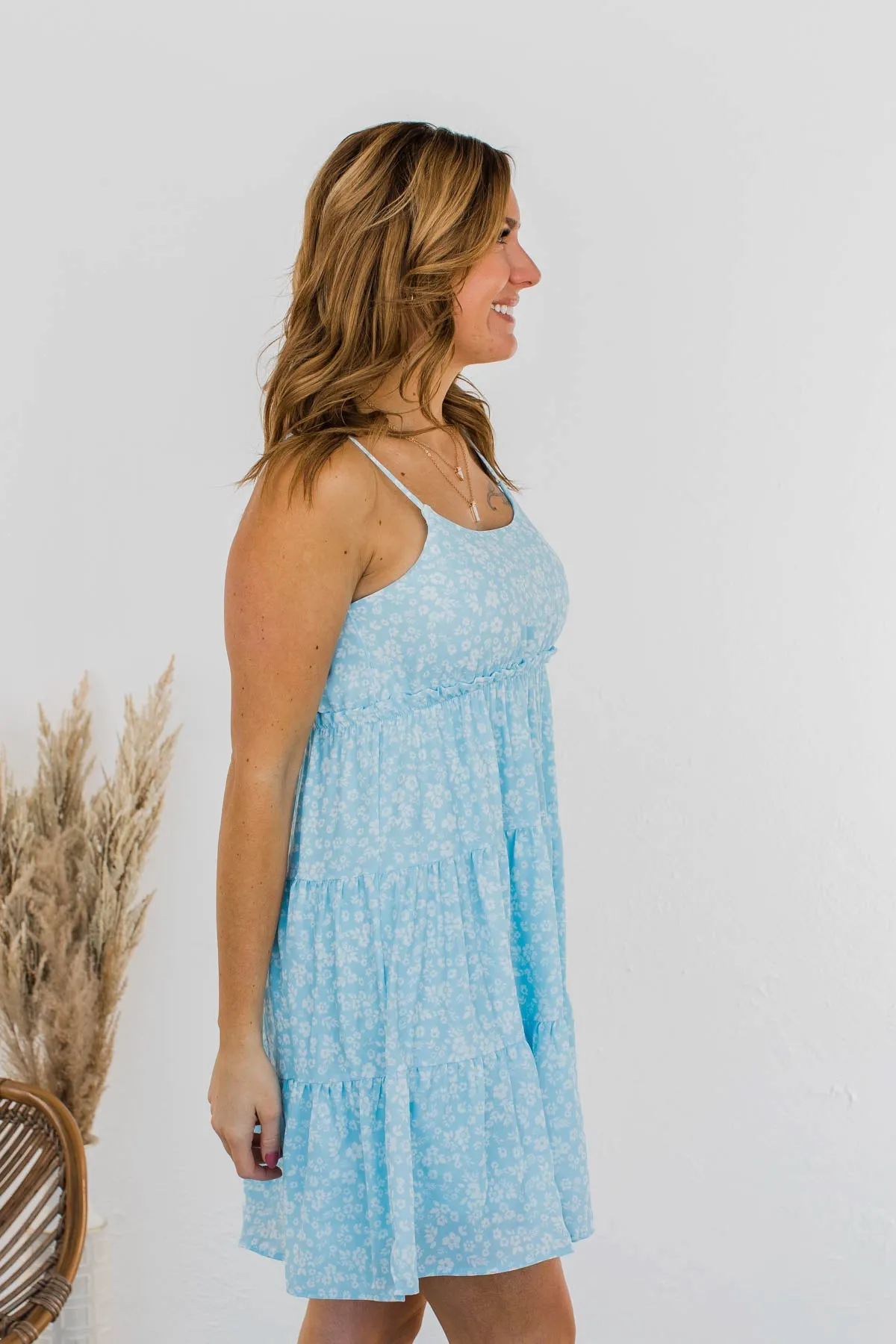 Watching Petals Fall Floral Dress- Light Blue