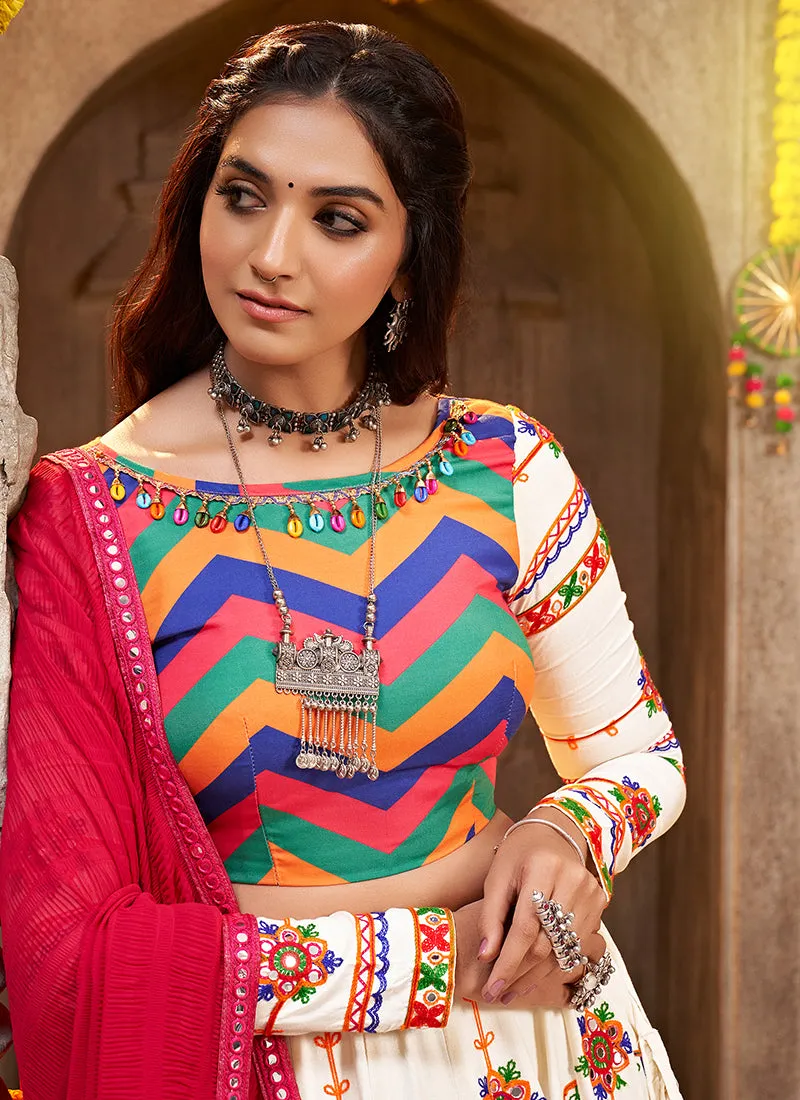 White And Red Kutchi Embroidered Rajwadi Chaniya Choli