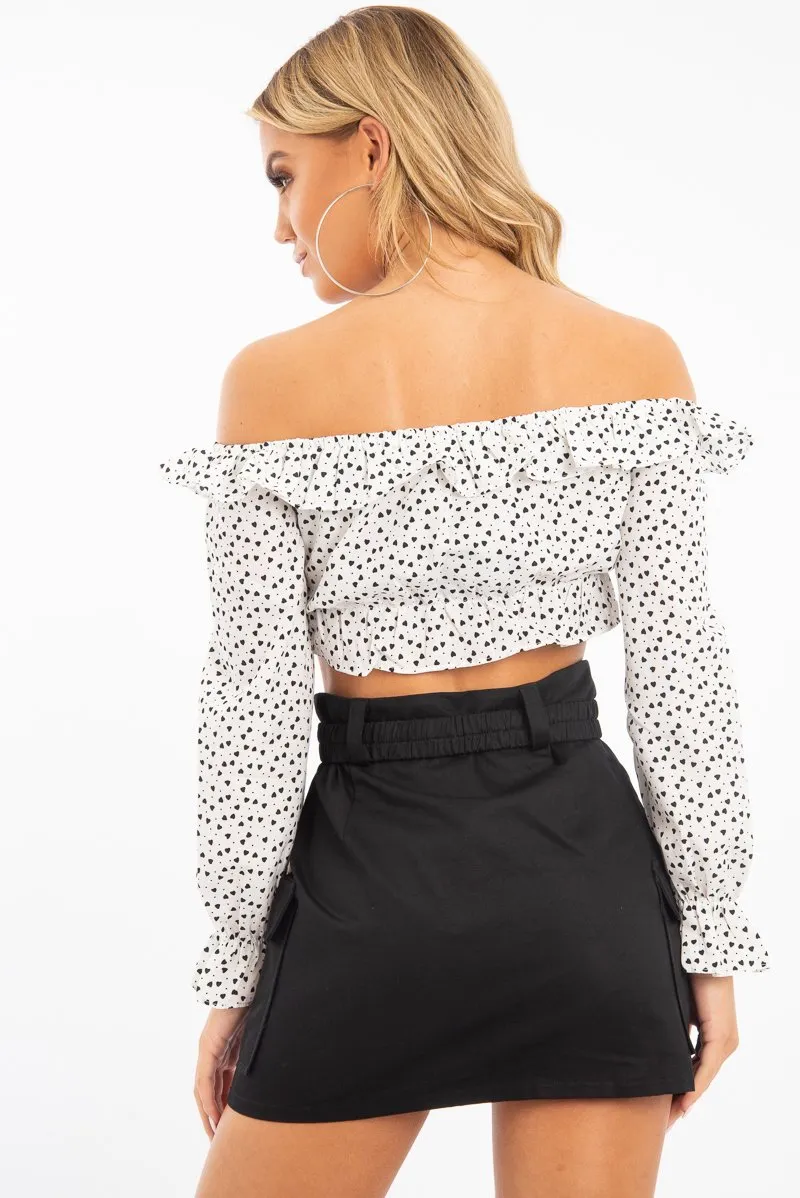 White Heart Print Milkmaid Crop Top - Zosia