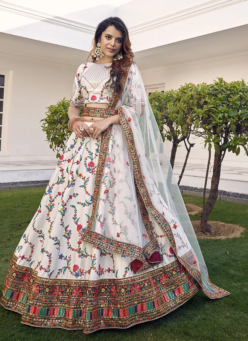 White Multi Embroidery Festive Lehenga Choli