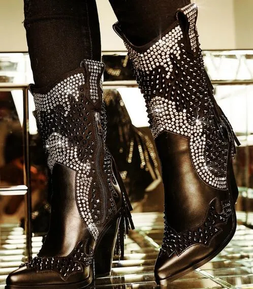 Woman Mid-calf Boots Bling Chunky Heels