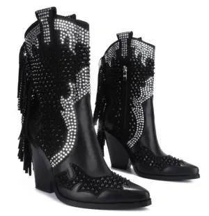 Woman Mid-calf Boots Bling Chunky Heels