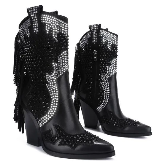 Woman Mid-calf Boots Bling Chunky Heels