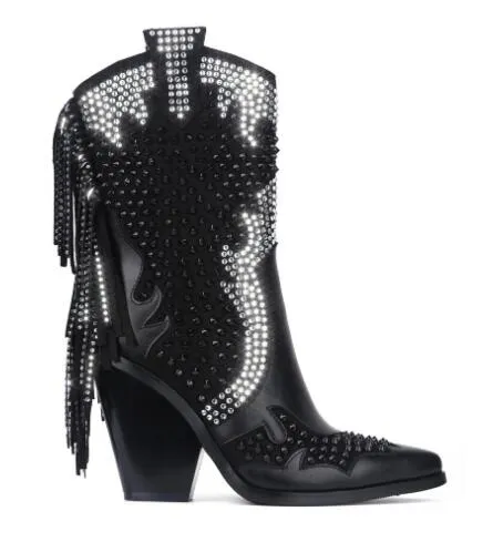 Woman Mid-calf Boots Bling Chunky Heels