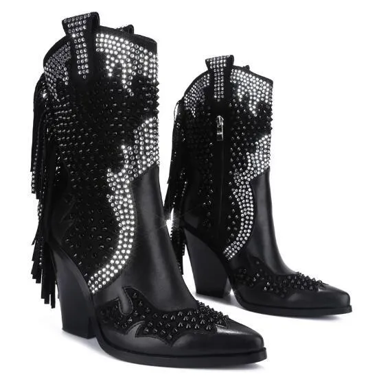 Woman Mid-calf Boots Bling Chunky Heels