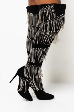 Women Crystal Fringe Over The Knee Boots Pointed Toe Heels Shoes
