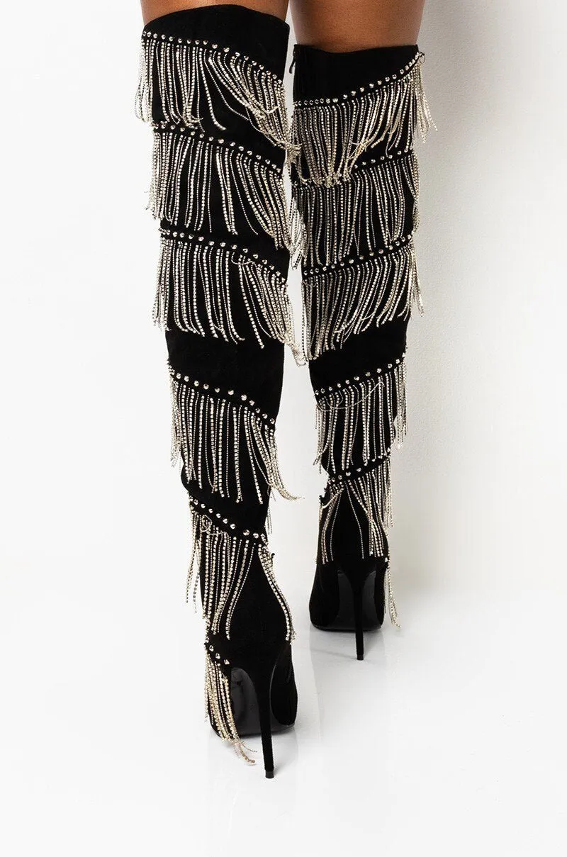 Women Crystal Fringe Over The Knee Boots Pointed Toe Heels Shoes