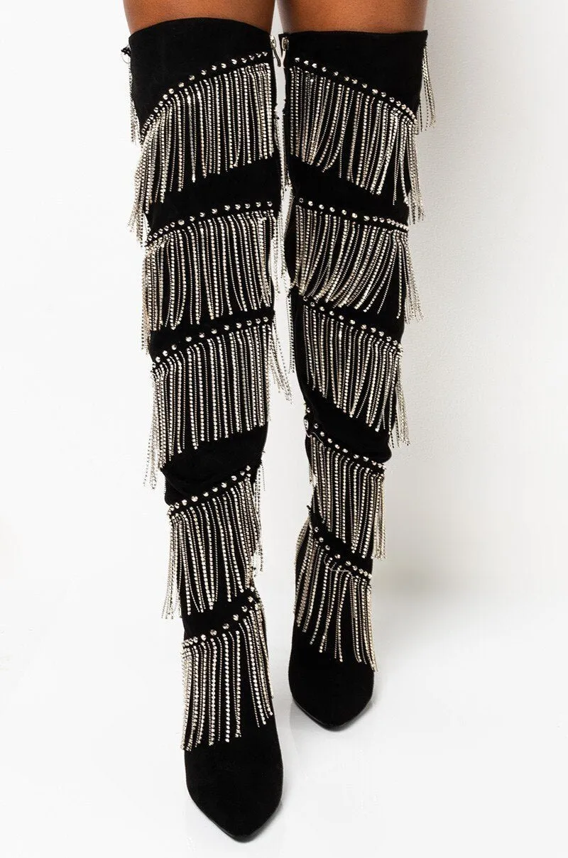 Women Crystal Fringe Over The Knee Boots Pointed Toe Heels Shoes