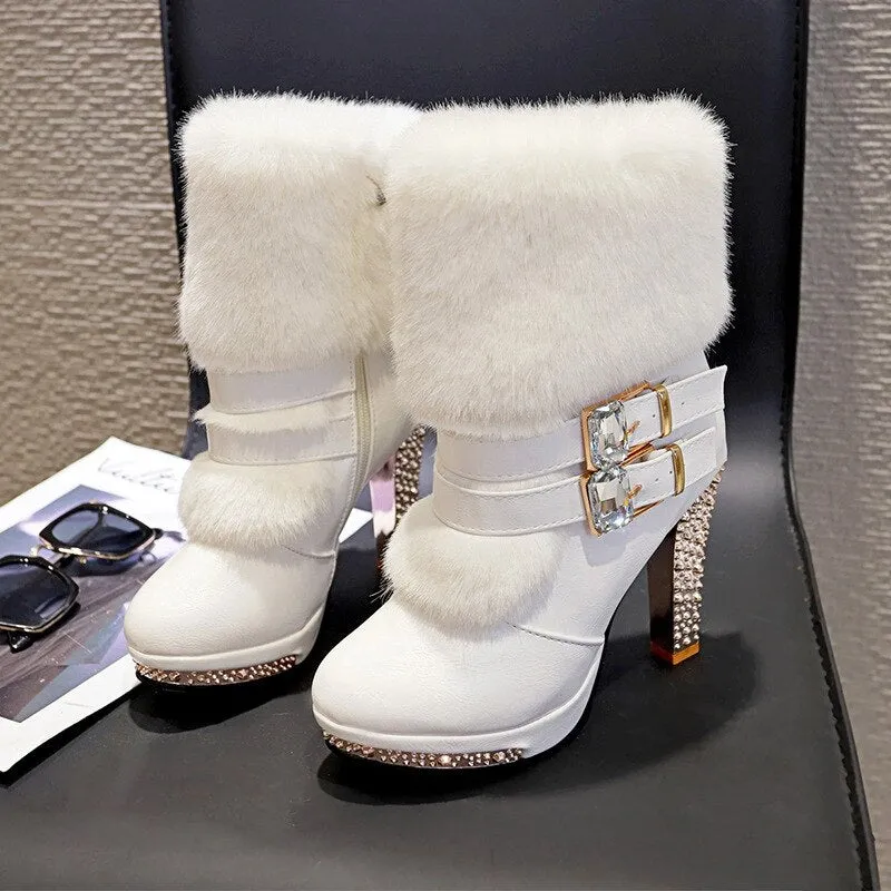 Women High end Boots Super High Fashion Warm Double Buckle Faux Fur Crystal Casual Shoes Thin Heels Ladies Boots