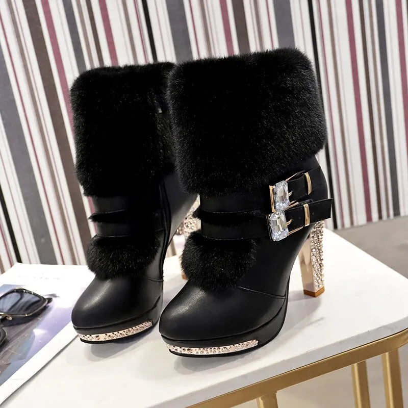 Women High end Boots Super High Fashion Warm Double Buckle Faux Fur Crystal Casual Shoes Thin Heels Ladies Boots