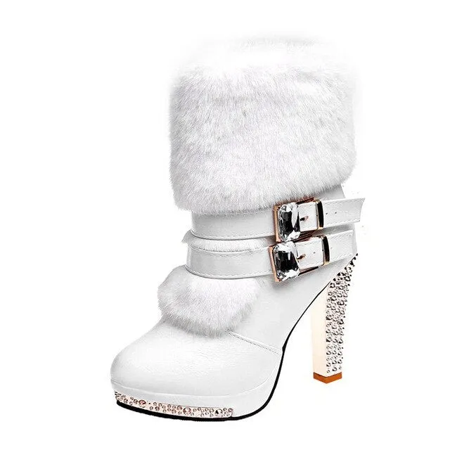 Women High end Boots Super High Fashion Warm Double Buckle Faux Fur Crystal Casual Shoes Thin Heels Ladies Boots