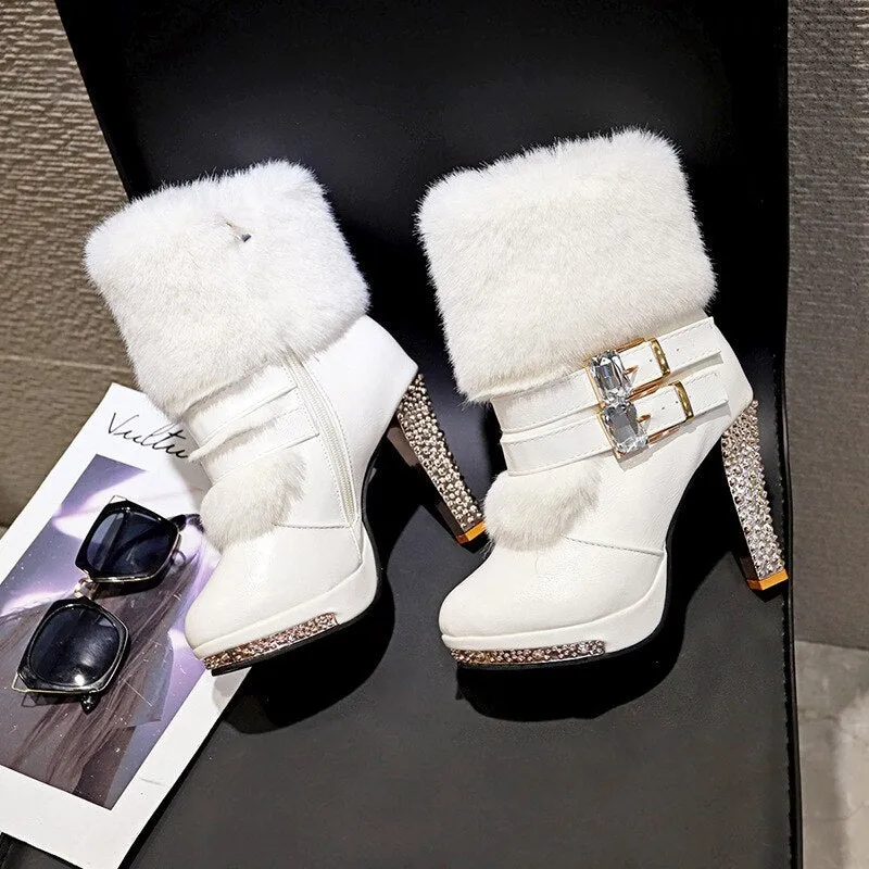Women High end Boots Super High Fashion Warm Double Buckle Faux Fur Crystal Casual Shoes Thin Heels Ladies Boots