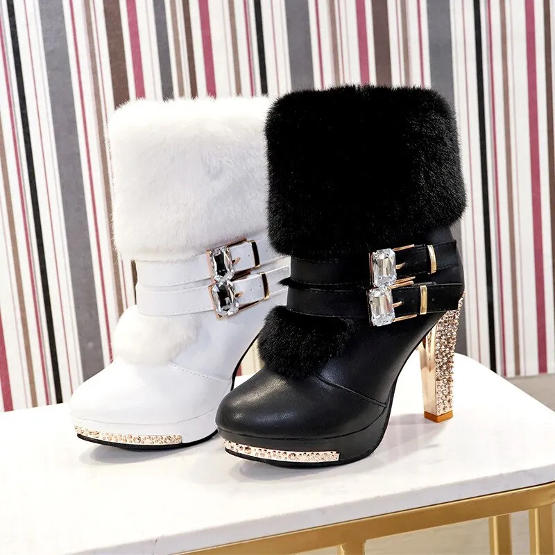 Women High end Boots Super High Fashion Warm Double Buckle Faux Fur Crystal Casual Shoes Thin Heels Ladies Boots
