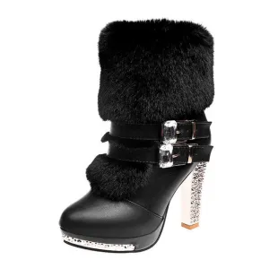 Women High end Boots Super High Fashion Warm Double Buckle Faux Fur Crystal Casual Shoes Thin Heels Ladies Boots