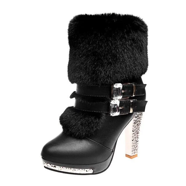 Women High end Boots Super High Fashion Warm Double Buckle Faux Fur Crystal Casual Shoes Thin Heels Ladies Boots