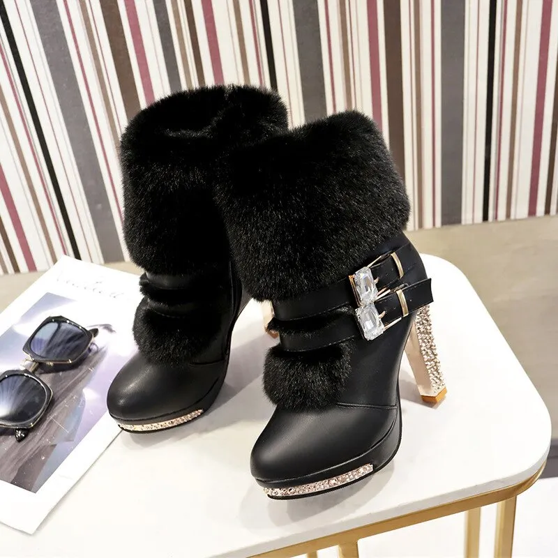 Women High end Boots Super High Fashion Warm Double Buckle Faux Fur Crystal Casual Shoes Thin Heels Ladies Boots