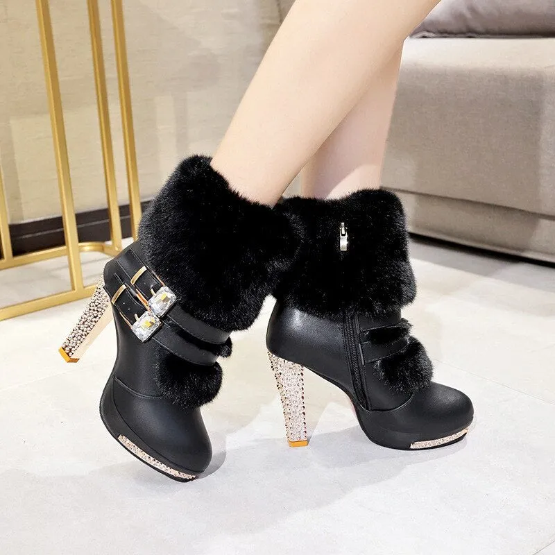 Women High end Boots Super High Fashion Warm Double Buckle Faux Fur Crystal Casual Shoes Thin Heels Ladies Boots
