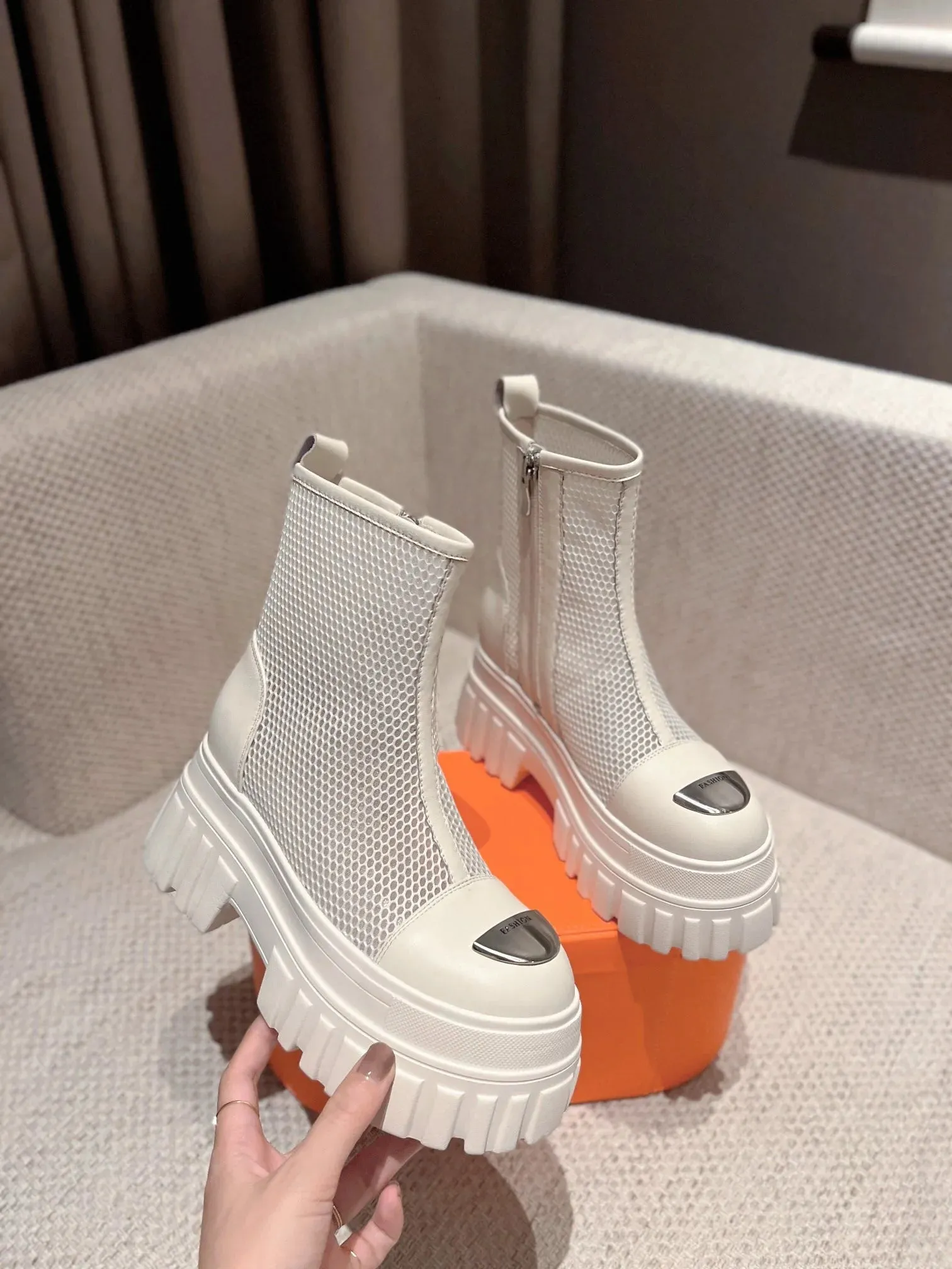 Women Mesh Boots Genuine Leather High Heels Platform Shoes Zipper