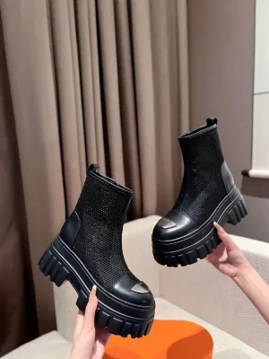 Women Mesh Boots Genuine Leather High Heels Platform Shoes Zipper