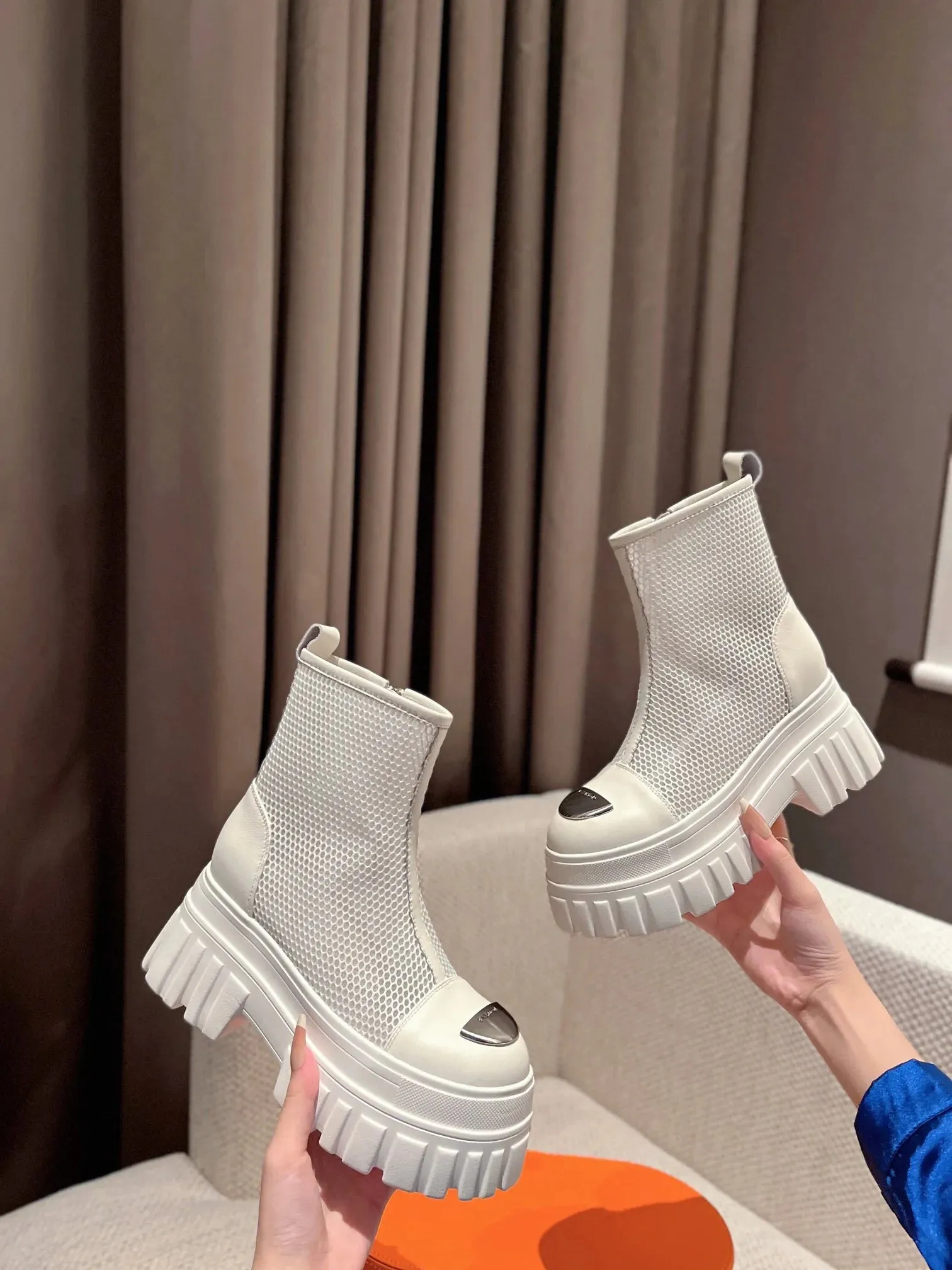 Women Mesh Boots Genuine Leather High Heels Platform Shoes Zipper