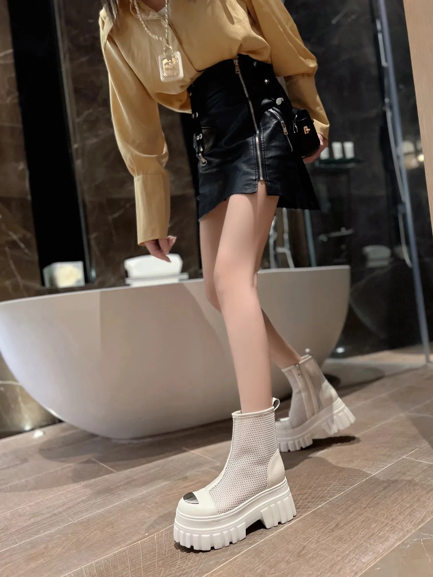 Women Mesh Boots Genuine Leather High Heels Platform Shoes Zipper