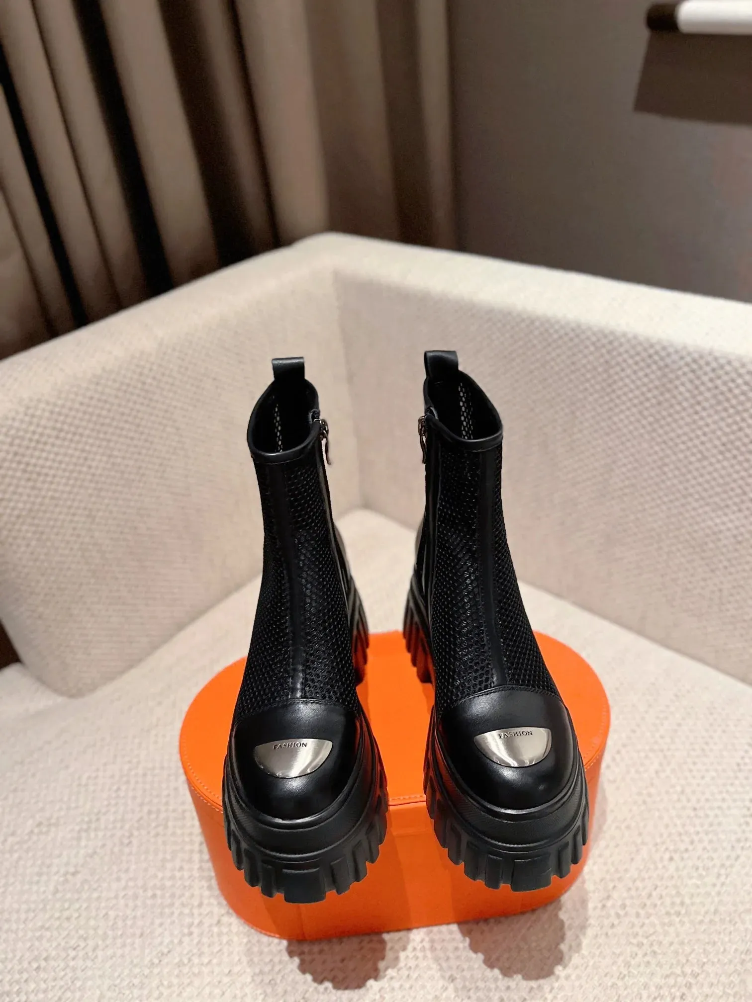 Women Mesh Boots Genuine Leather High Heels Platform Shoes Zipper