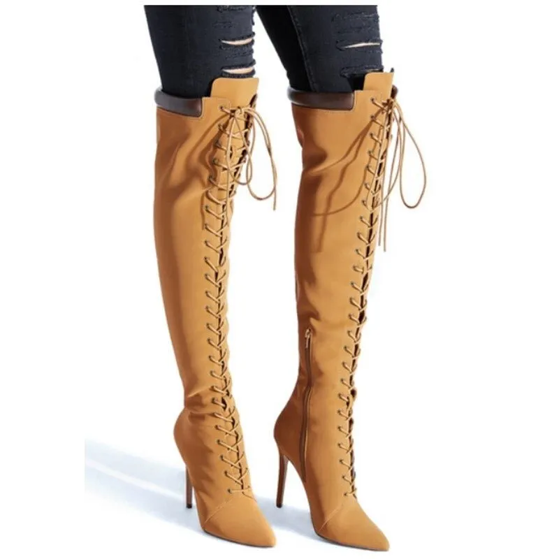 Women Pointed Toe Cross-Tied Fashion Knight Boots High Heels