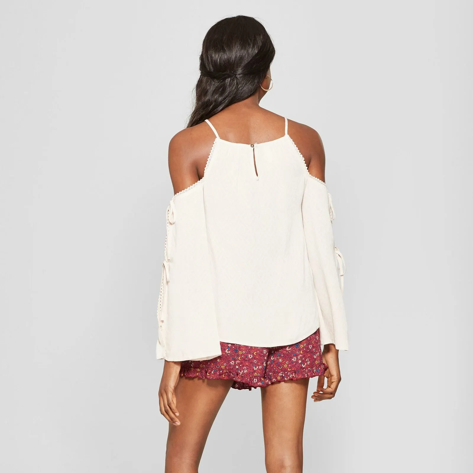 Xhilaration Women's Cold Shoulder Long Tie Sleeve Woven Top Blouse Shirt
