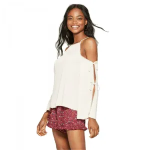 Xhilaration Women's Cold Shoulder Long Tie Sleeve Woven Top Blouse Shirt