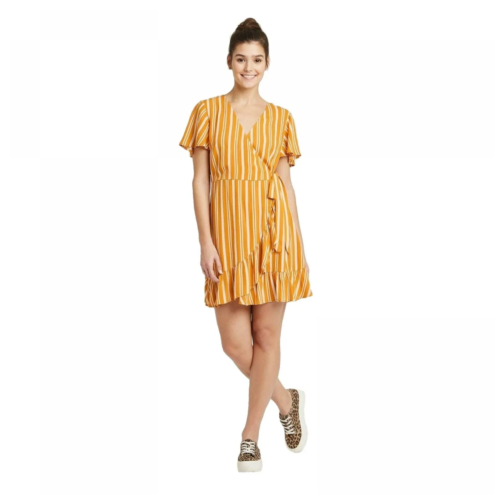 Xhilaration Women's Short Sleeve V-Neck Ruffle Bottom Wrap Mini Dress